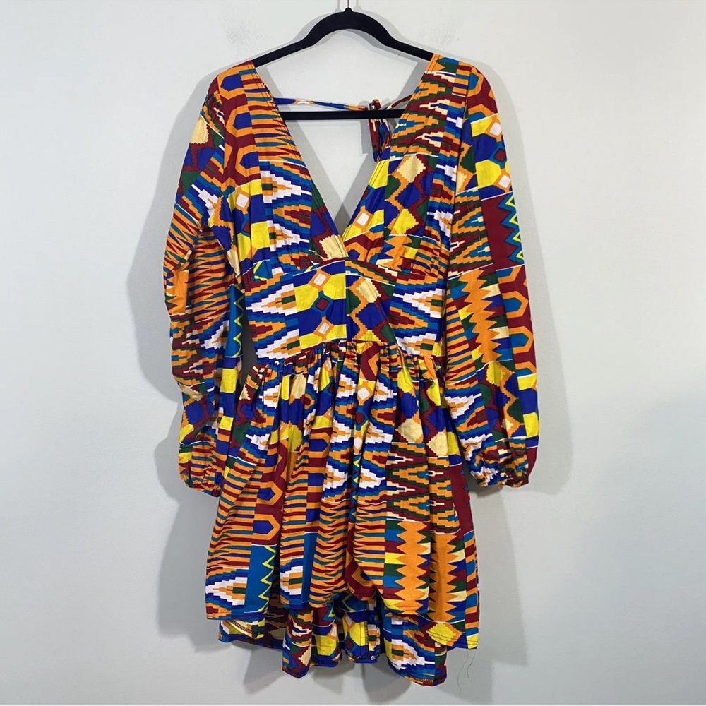 Grass Field Women's African Dashiki V-neck Long Sleeve Dress Size 10